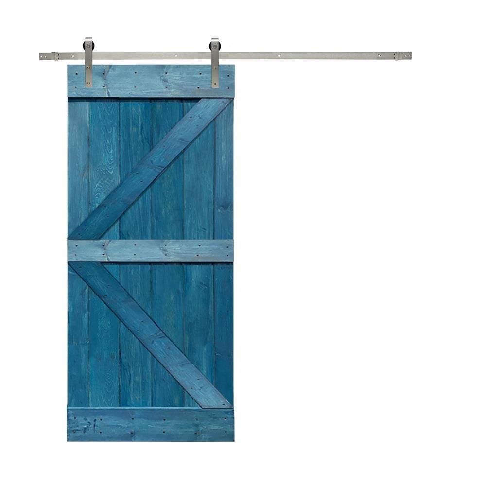 Solid Ocean Blue Stained Pine Wood Interior Sliding Barn Door with Hardware Kit J6871