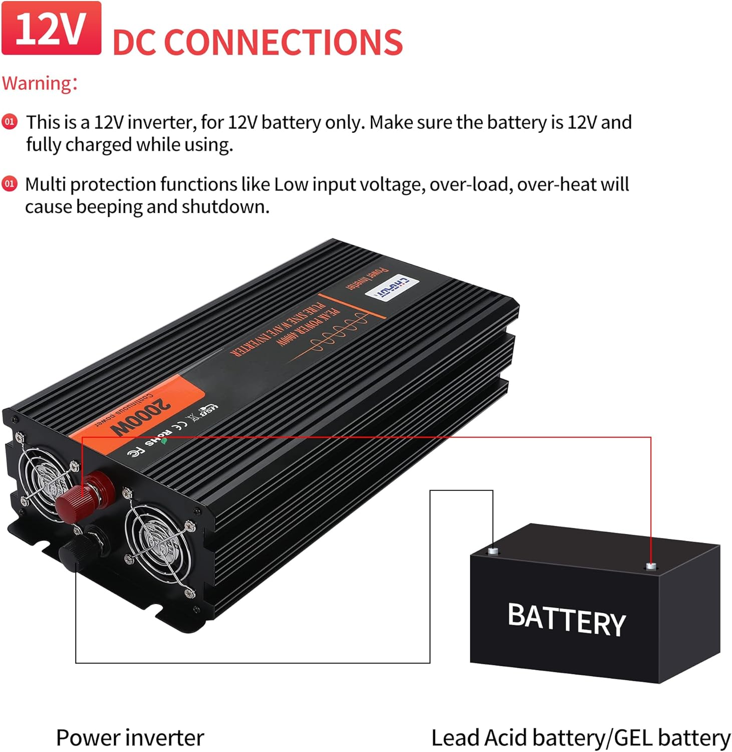2000W Pure Sine Wave Power Inverter DC 12V to AC 120V with LCD Display Remote Control USB Port C3086