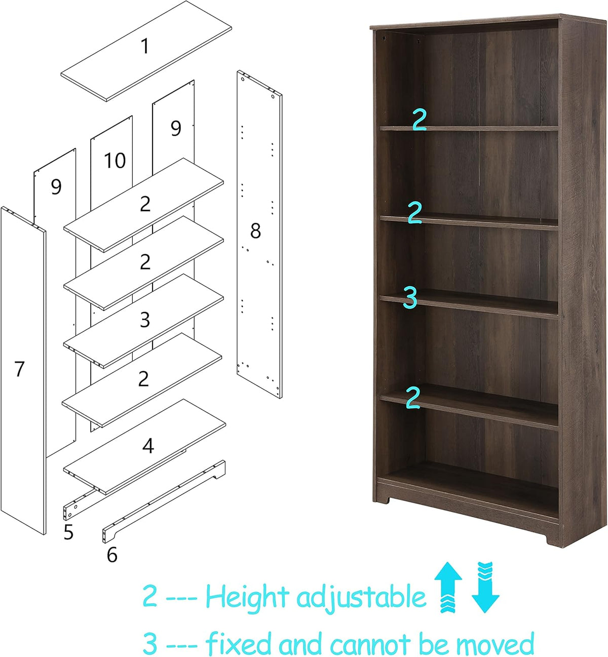 Gray 5-Shelf Wooden Bookcase T971