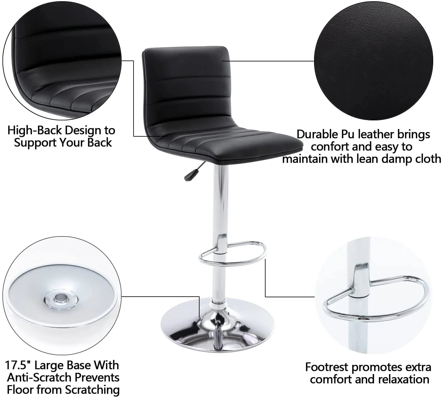 Black PU Leather Adjustable Swivel Bar Stools Set of 2 Y8549