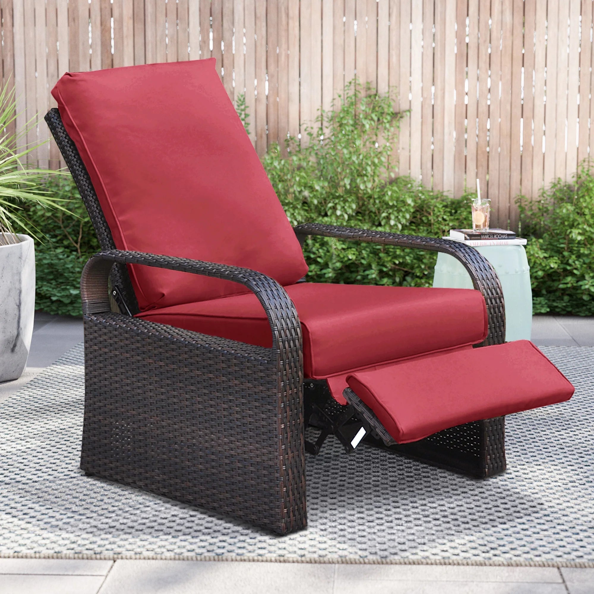 Red Resin Wicker Recliner Chair with Footrest M36029