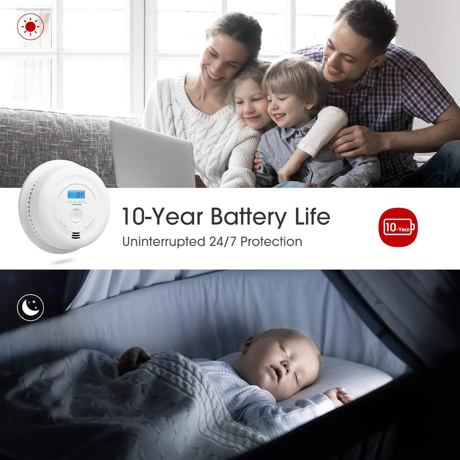 10-Year Battery Smoke and Carbon Monoxide Detector with LCD Display, Dual Sensor Alarm P468357