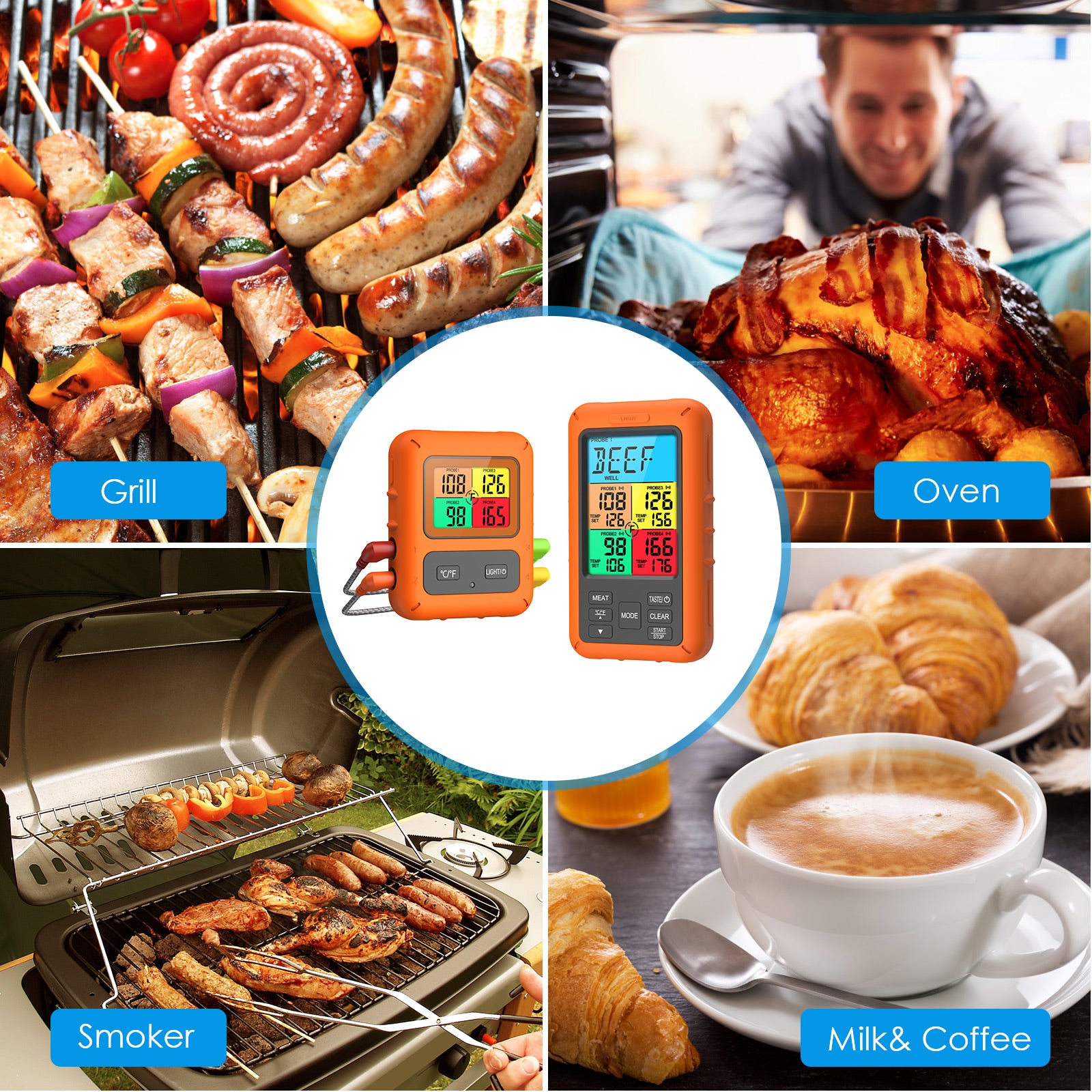 Wireless Meat Thermometer with 4 Meat Probes B864356