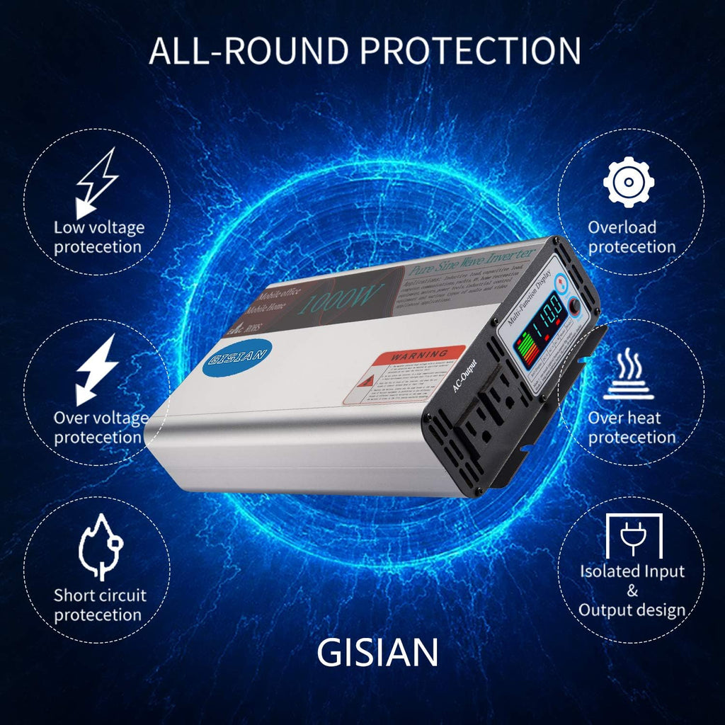 1000W Pure Sine Wave Power Inverter 12V DC to 110V AC with LCD Display 2 AC Outlets E745684