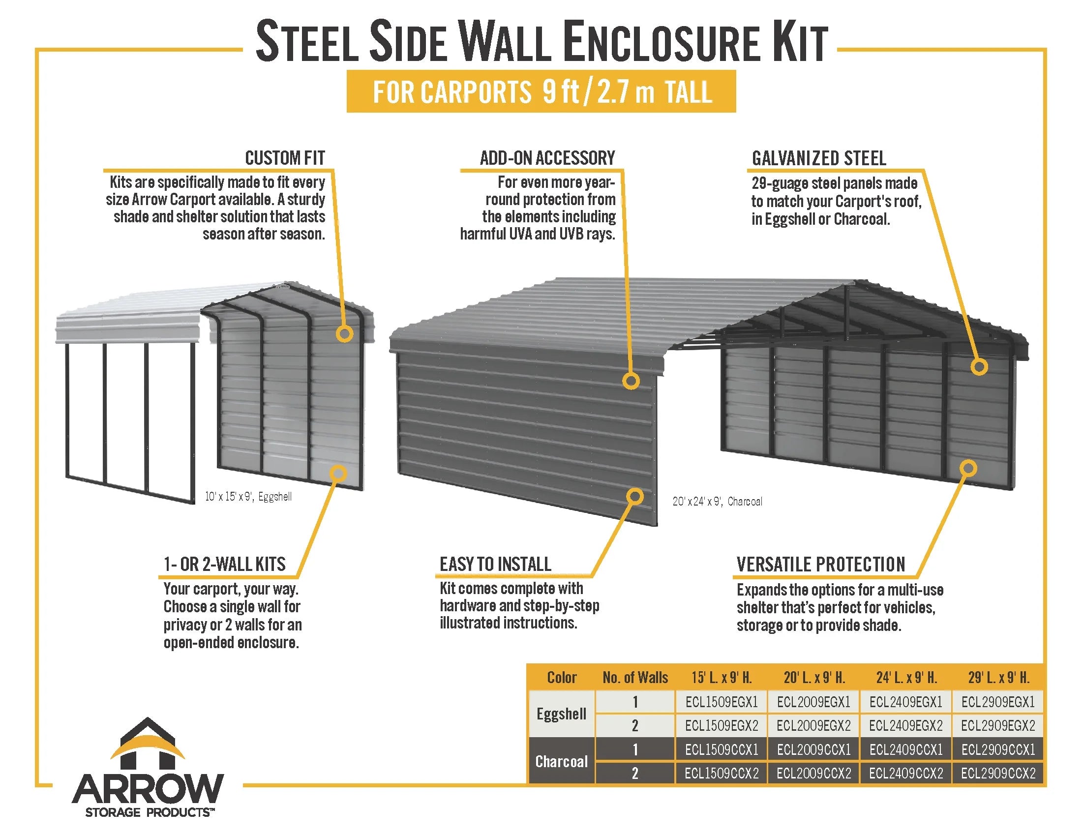 Galvanized Steel Carport Kit, 10' x 24' x 9', Charcoal U79728