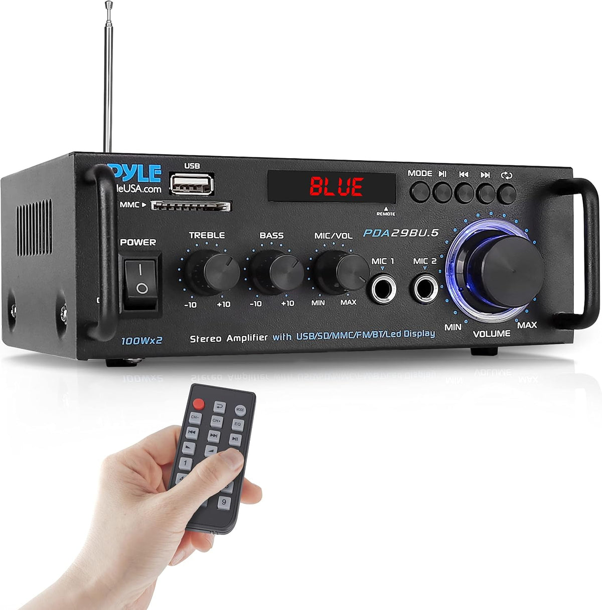 Wireless Bluetooth Stereo Power Amplifier, 200W Dual Channel, with RCA, USB, SD, MIC IN, FM Radio V7662