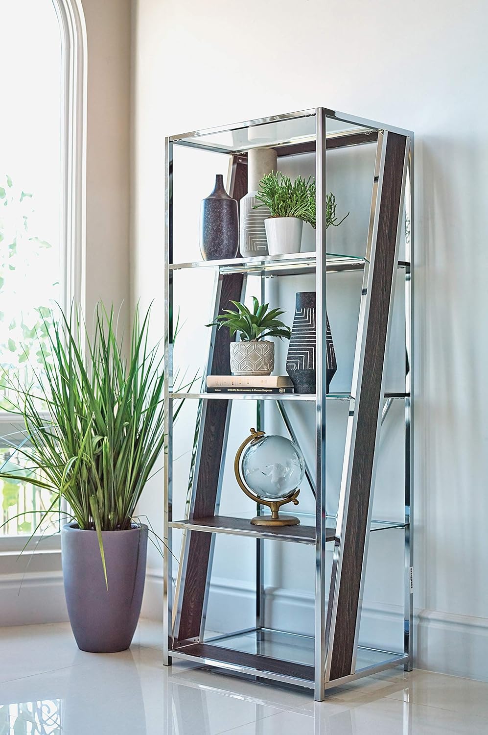 4-Tier Chrome Bookcase with Glass Shelf T70587