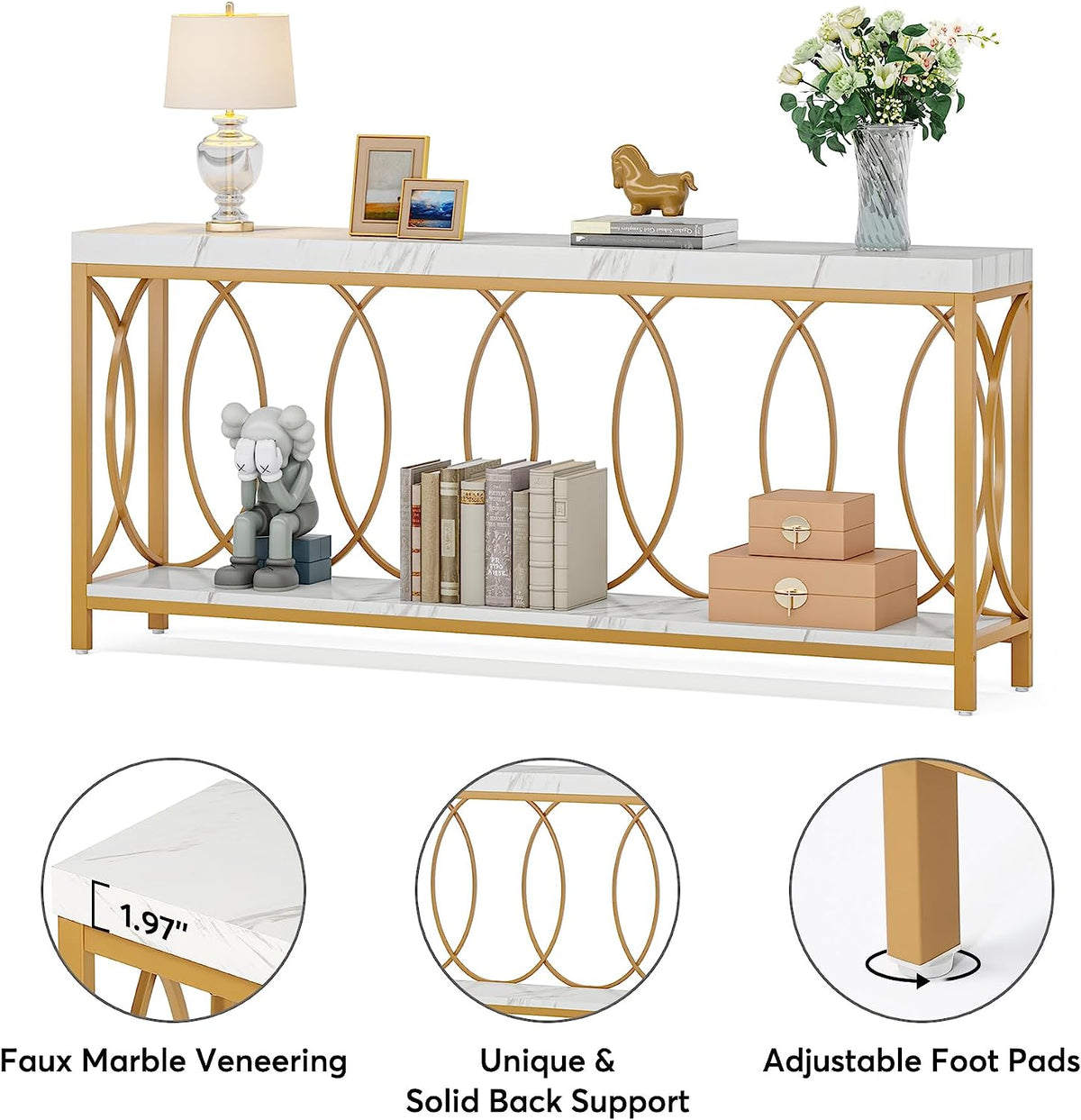 White Gold 2-Tier Faux Marble Console Table Z335