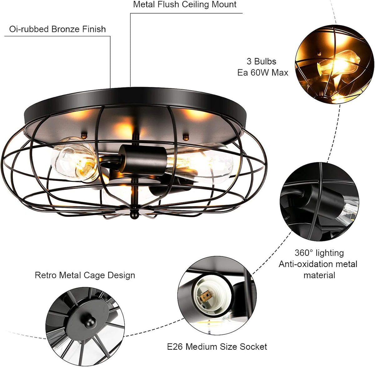 3 Pack Semi Flush Mount Ceiling Light, 3 Lights Metal Cage Light Fixture W901690
