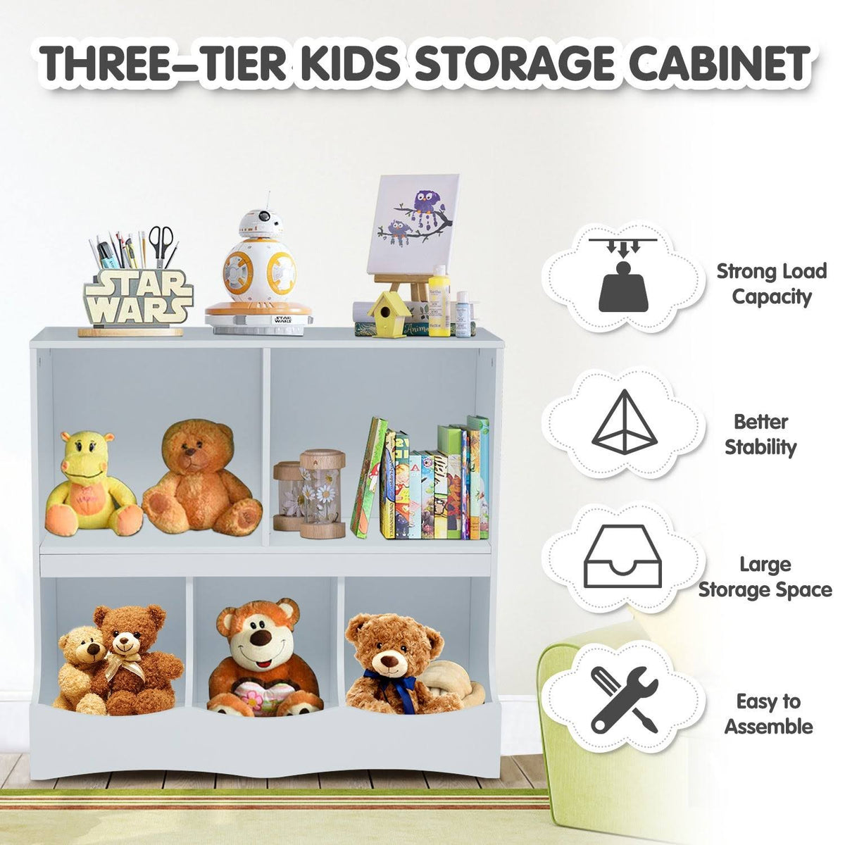 Kids Multi-Bin Storage Organizer Cabinet Bookcase with 2 Shelf and 3 Bin Cubby Unit N3334