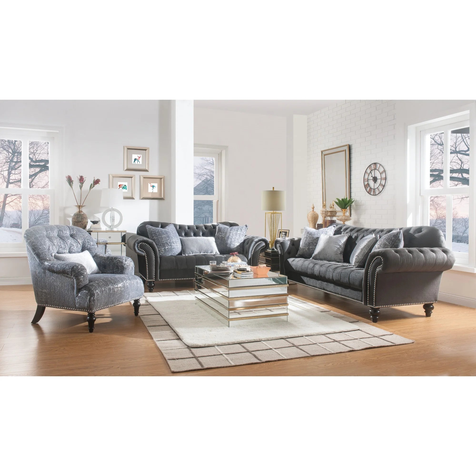 Dark Gray Button Tufted Fabric Sofa with Four Pillows D19394