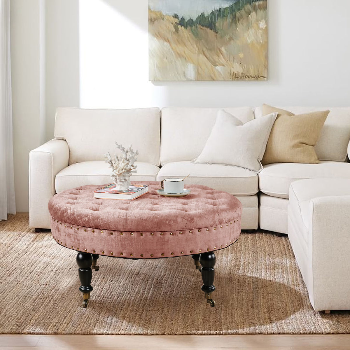 Textured Velvet Round Ottoman J43689