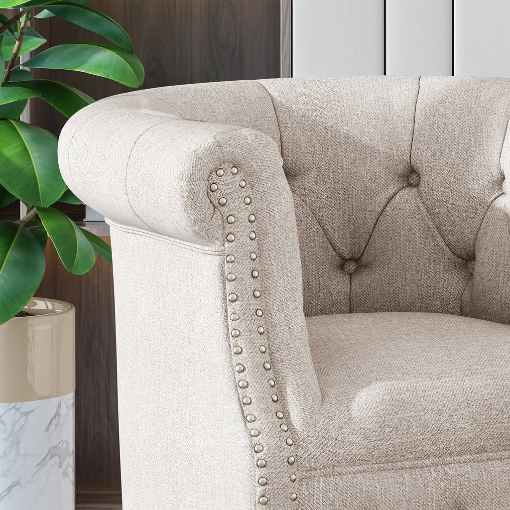 Petite Tufted Fabric Chair and Ottoman Set, Light Blue and Dark Brown J681421