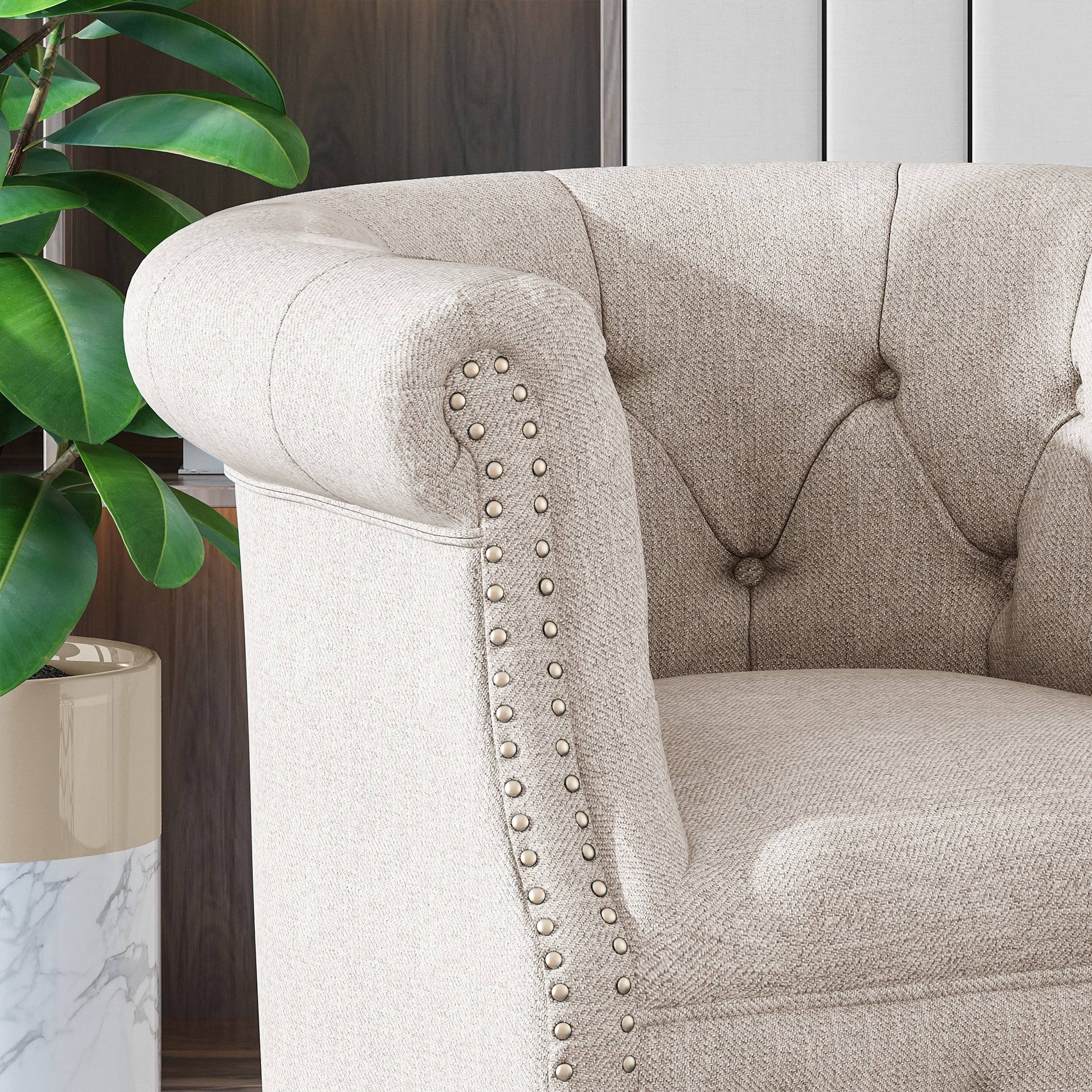 Petite Tufted Fabric Chair and Ottoman Set, Light Blue and Dark Brown J681421