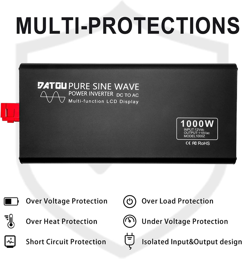 1000W Pure Sine Wave Power Inverter DC 12V to 110V AC with Remote Control and LCD Display F268362
