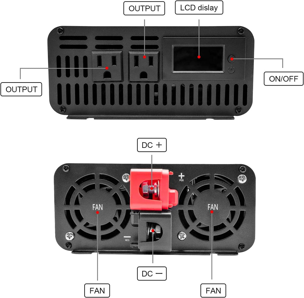 1000W Pure Sine Wave Power Inverter DC 12V to 110V AC with Remote Control and LCD Display F268362