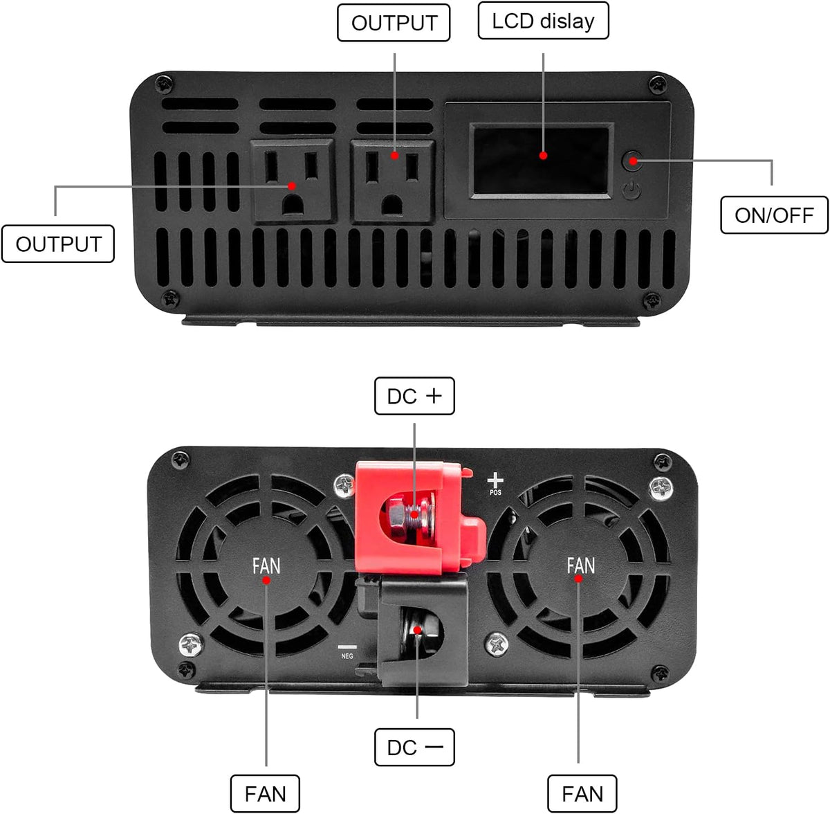 1000W Pure Sine Wave Power Inverter DC 12V to 110V AC with Remote Control and LCD Display F268362