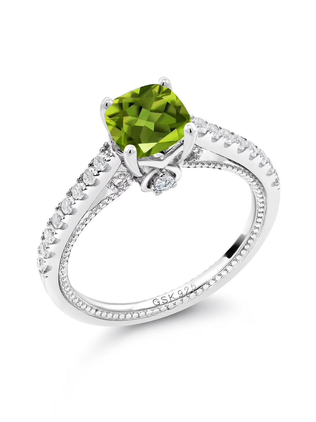 925 Sterling Silver Green Peridot and White Created Sapphire Engagement Ring F240539