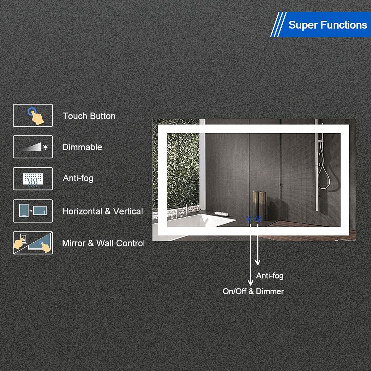 60 x 36 Inch Illuminated LED Bathroom Mirror with Smart Button, Anti Fog, Dimmable, Bluetooth Speakers V453047