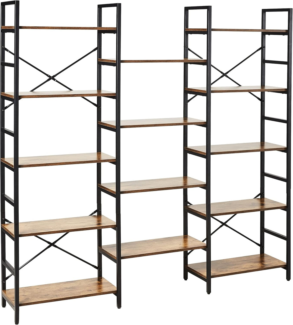 Triple Wide 5-Tier Wood and Metal Bookshelf, Vintage Brown G139
