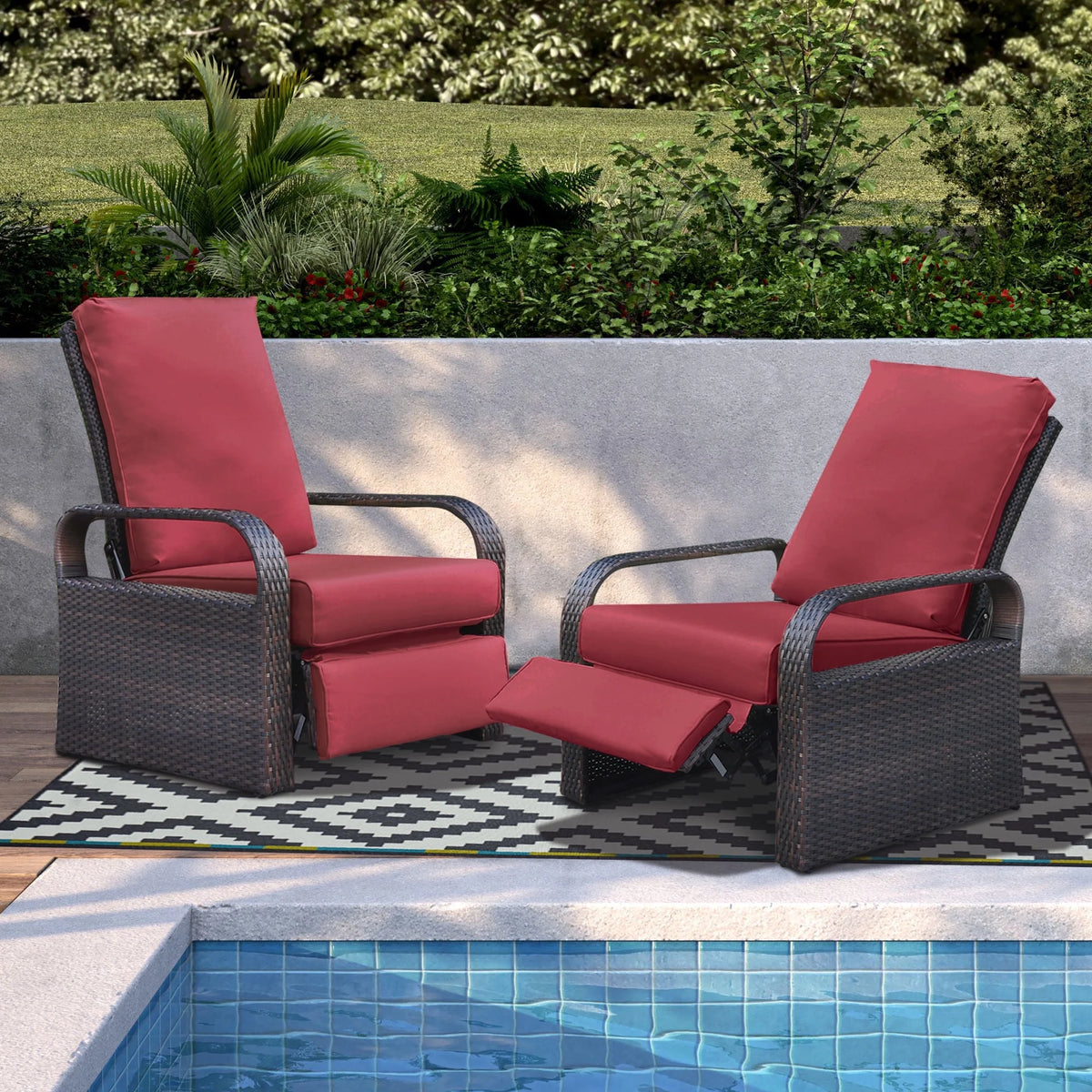 Red Resin Wicker Recliner Chair with Footrest M36029