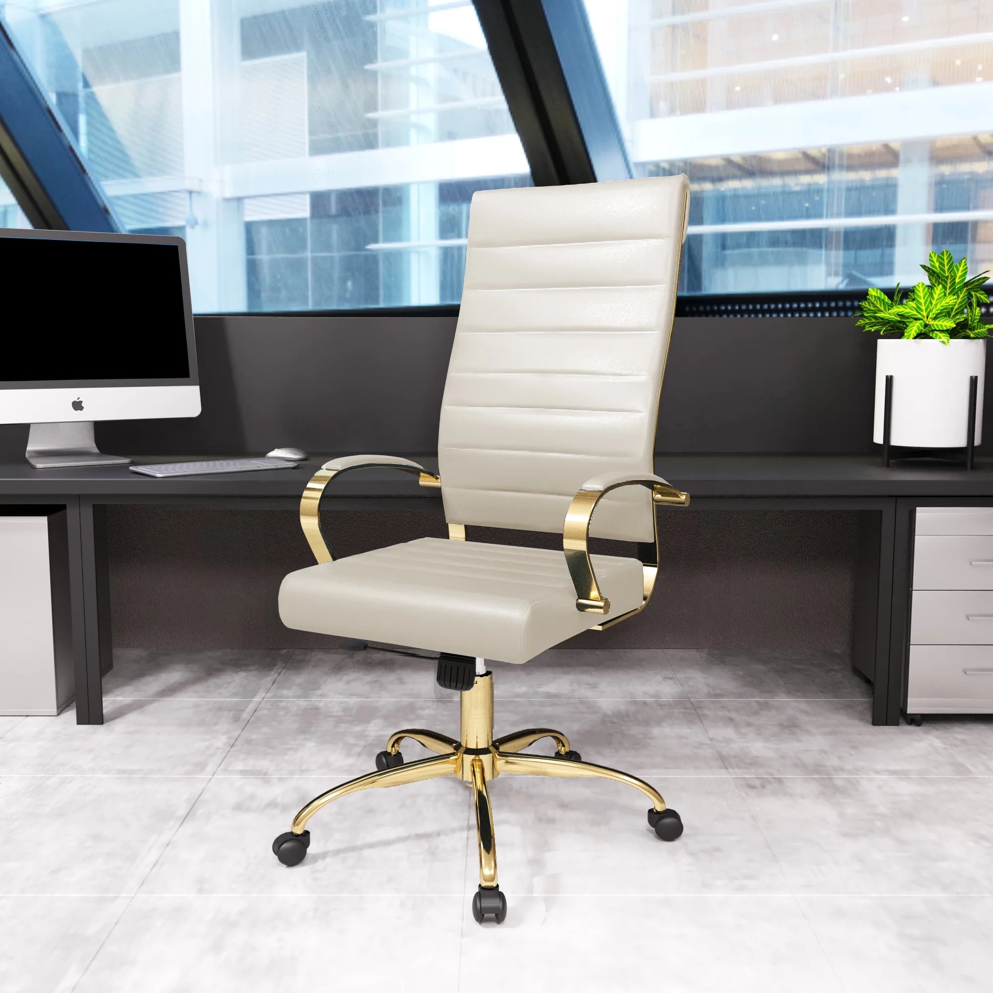 Tan Leather Swivel Office Chair with Gold Frame Z23209