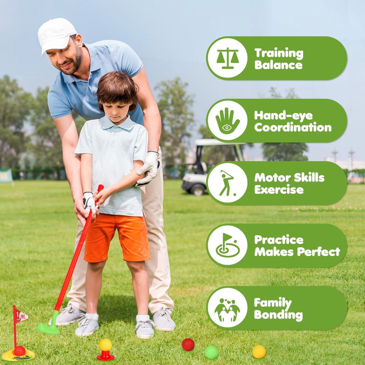 Kids Golf Set with 8 Balls, 4 Golf Sticks, 2 Practice Holes D42554