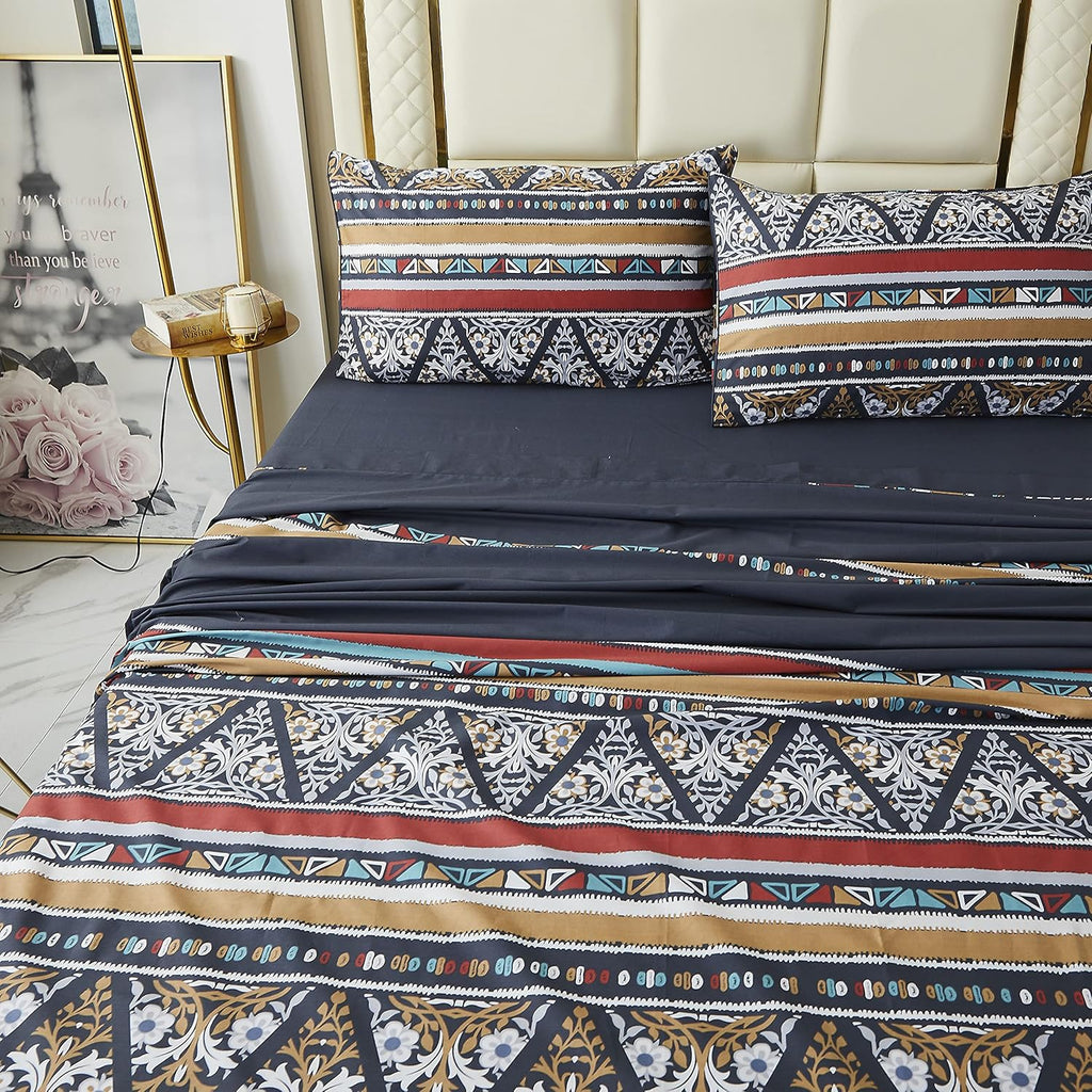 White Printed Cotton Bed Sheets, 4 Pcs, Full D211385