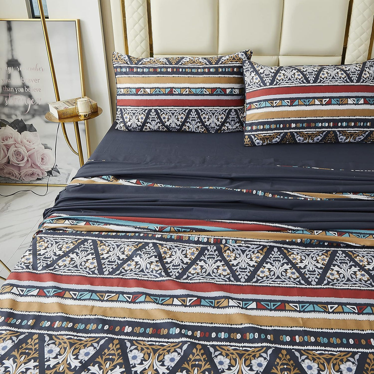 White Printed Cotton Bed Sheets, 4 Pcs, Full D211385