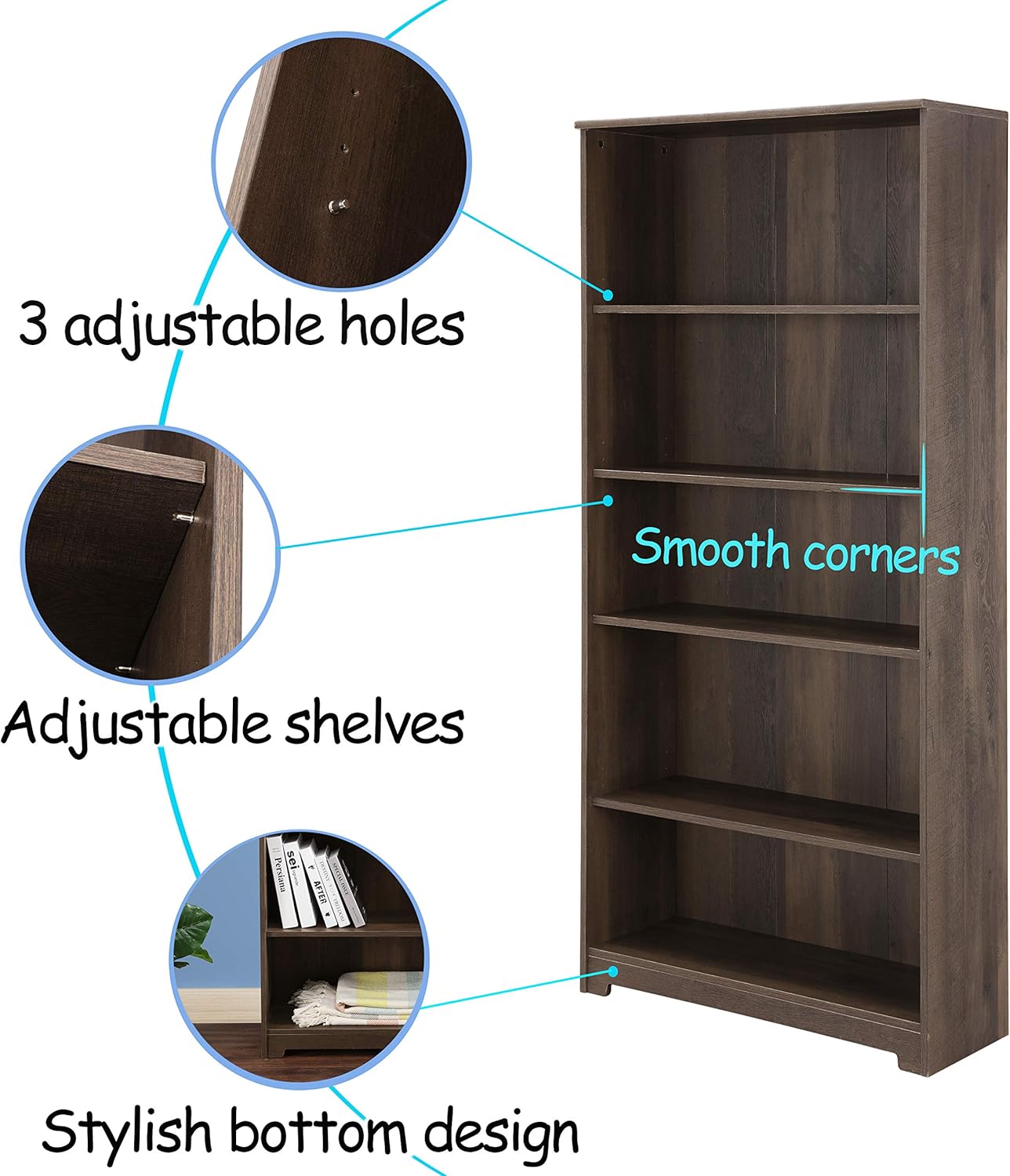 Gray 5-Shelf Wooden Bookcase T971