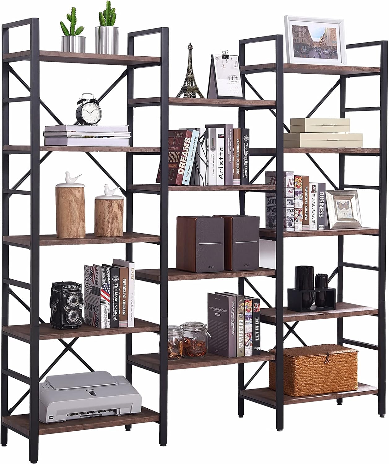 Triple Wide 5-Tier Wood and Metal Bookshelf, Vintage Brown G139