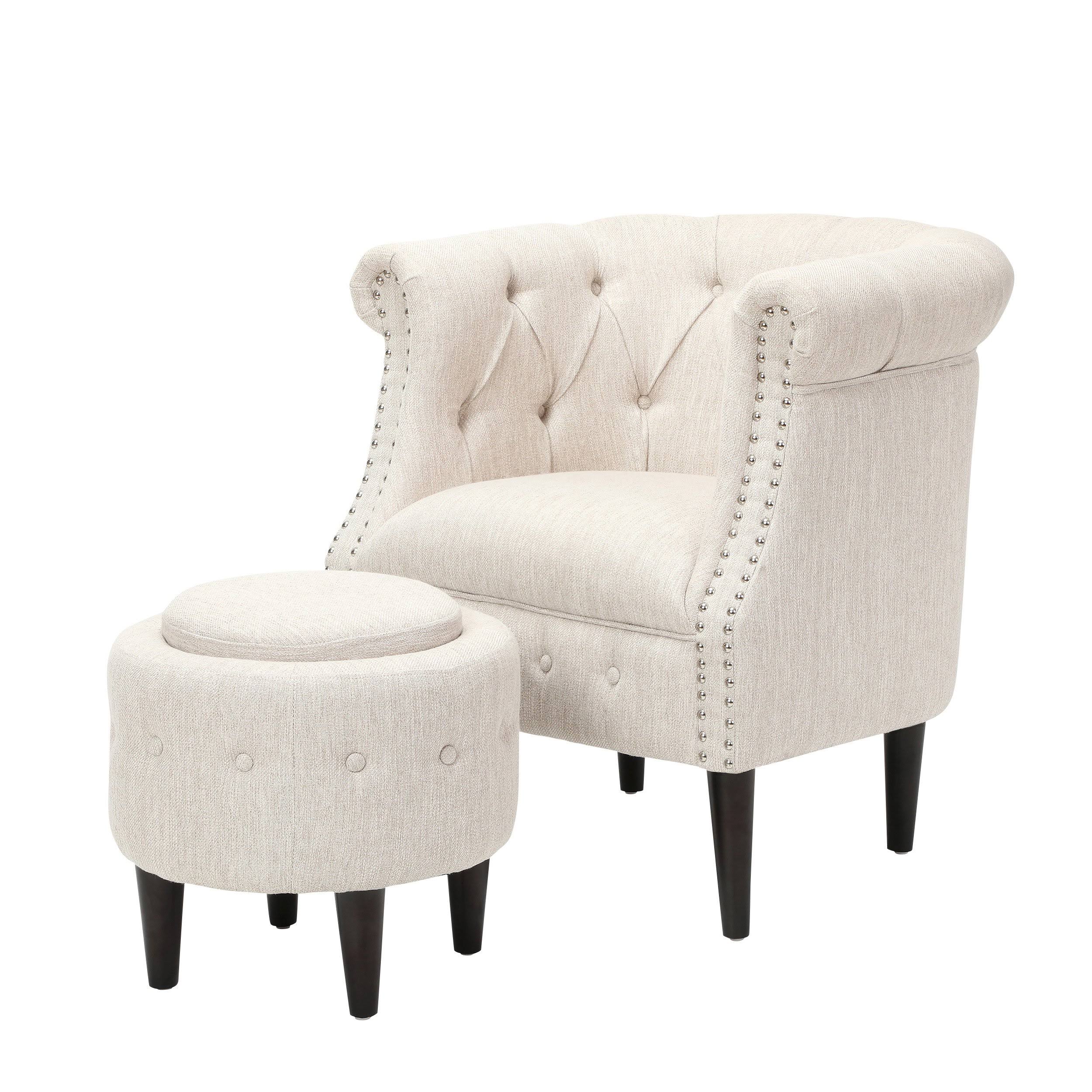 Petite Tufted Fabric Chair and Ottoman Set, Light Blue and Dark Brown J681421