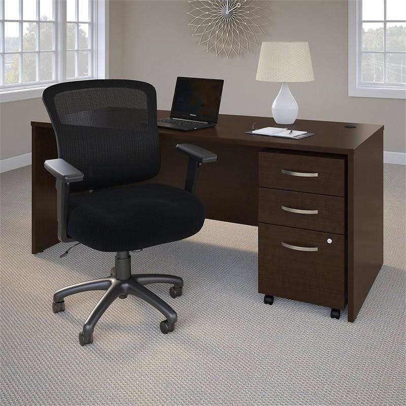 Office Desk with Mobile File Cabinet and Mid Back Executive Chair in Mocha Cher P9025