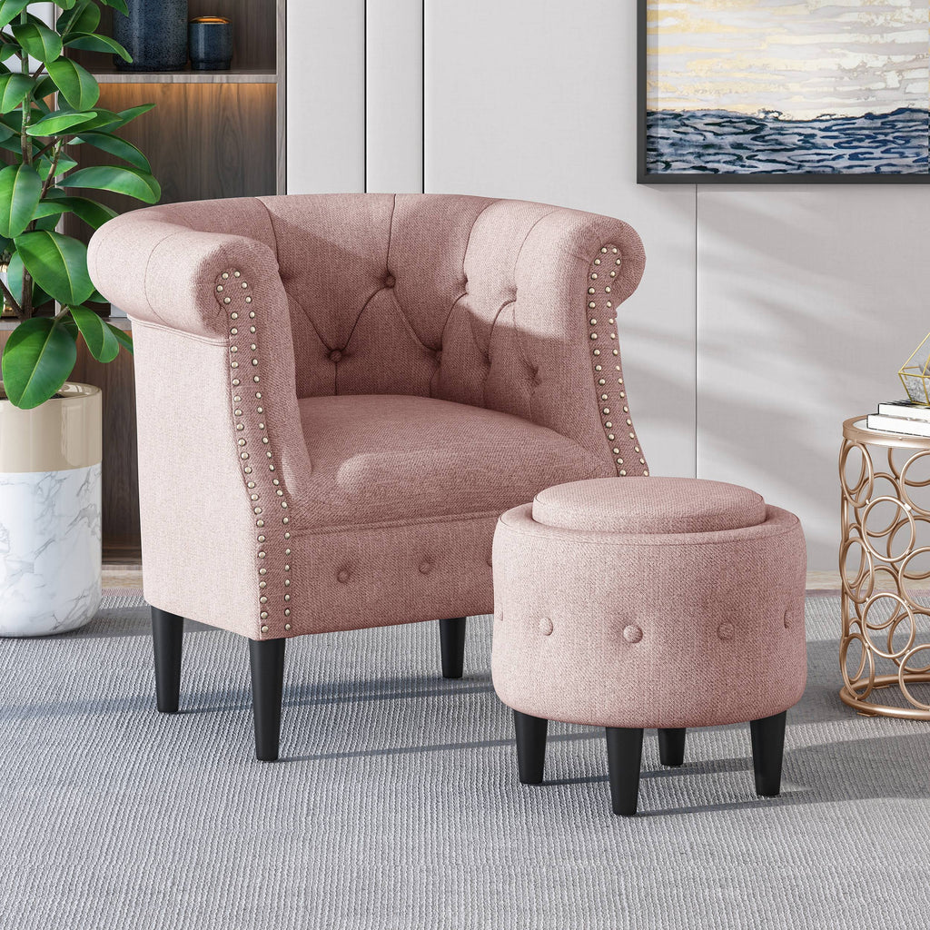 Petite Tufted Fabric Chair and Ottoman Set, Light Blue and Dark Brown J681421