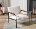 White Sherpa Armchair with Wooden Armrests and Metal Legs A526070