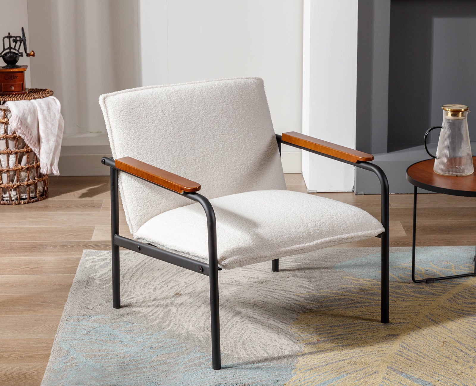 White Sherpa Armchair with Wooden Armrests and Metal Legs A526070