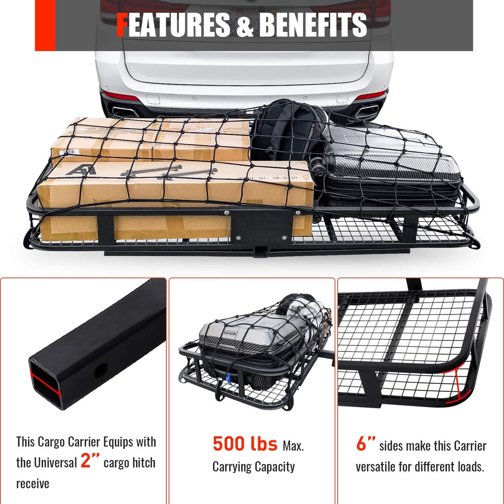Hitch Mount Folding Cargo Carrier with Cargo Net, 500 LB Max Capacity J496565