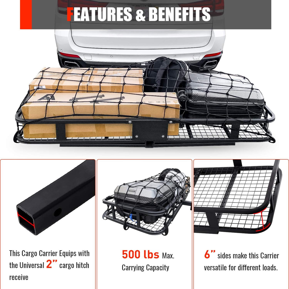 Hitch Mount Folding Cargo Carrier with Cargo Net, 500 LB Max Capacity J496565