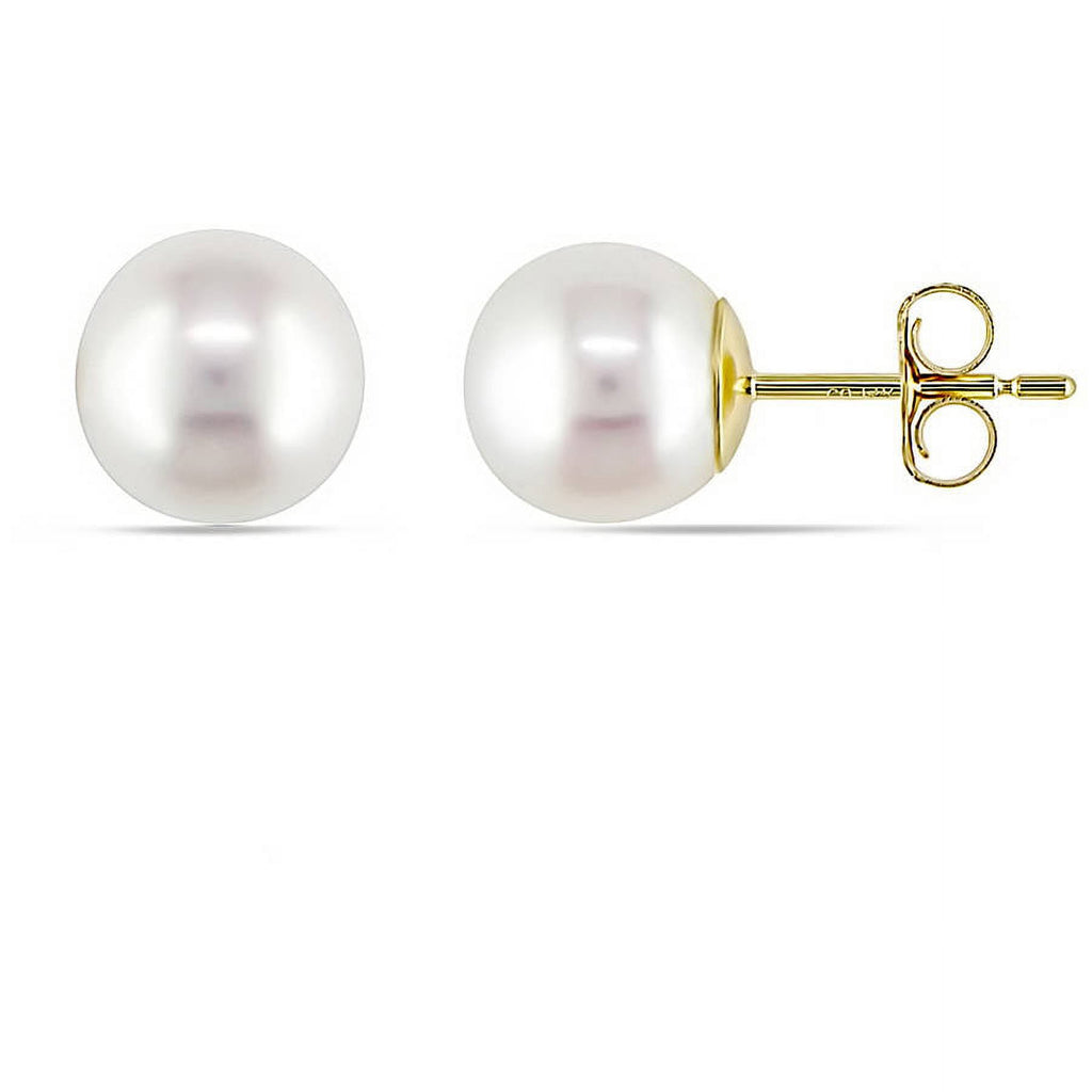 White Round Cultured Pearl 14kt Yellow Gold Stud Earrings T19487