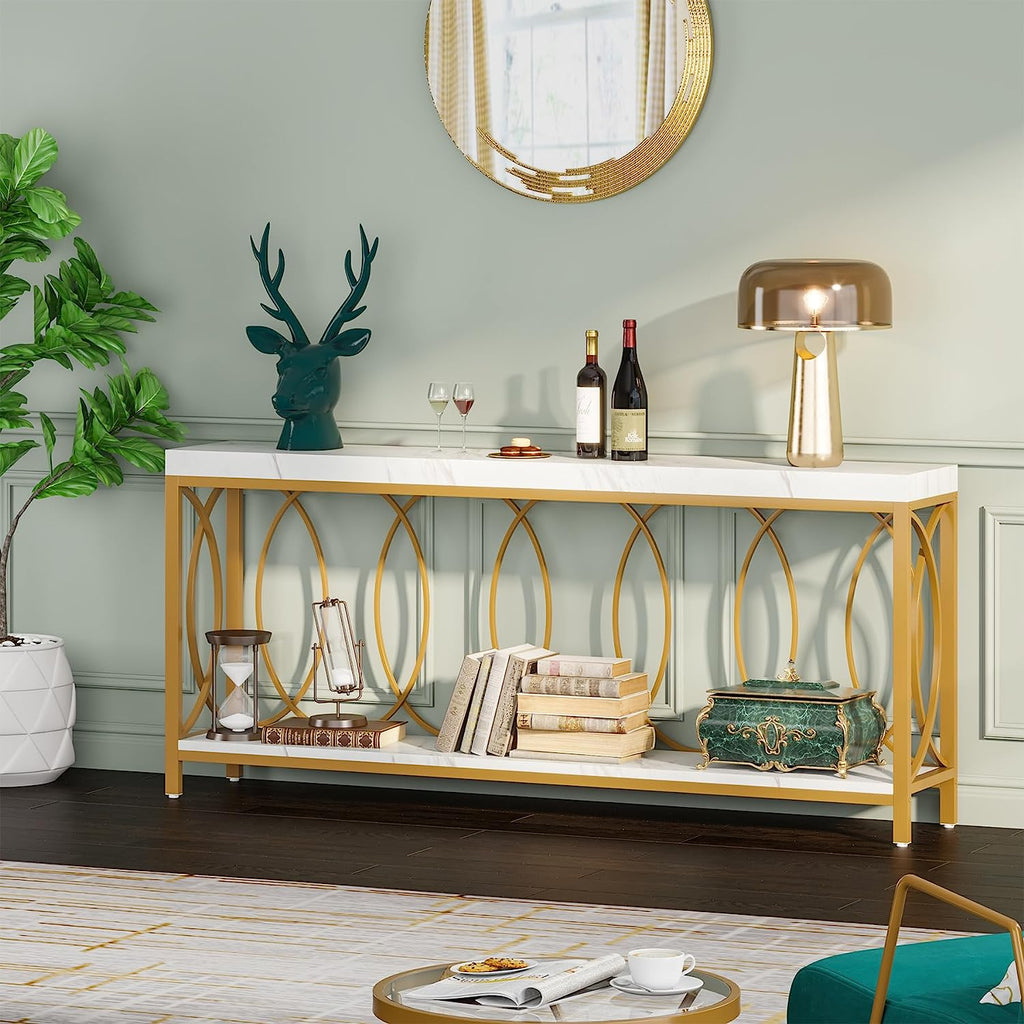 White Gold 2-Tier Faux Marble Console Table Z335