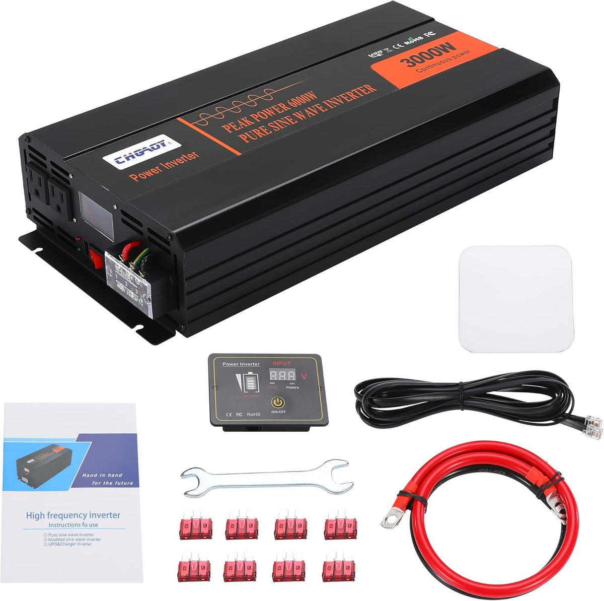 2000W Pure Sine Wave Power Inverter DC 12V to AC 120V with LCD Display Remote Control USB Port C3086