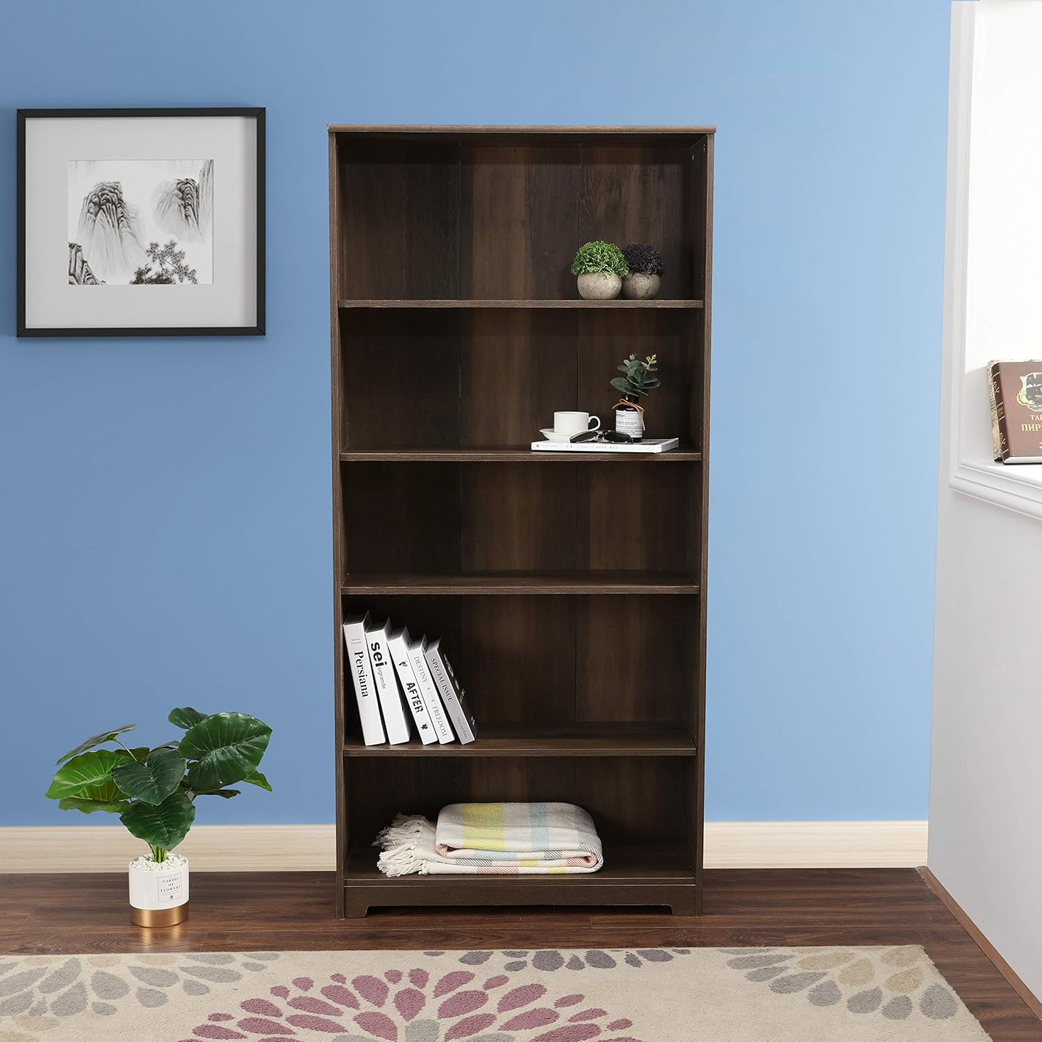 Gray 5-Shelf Wooden Bookcase T971