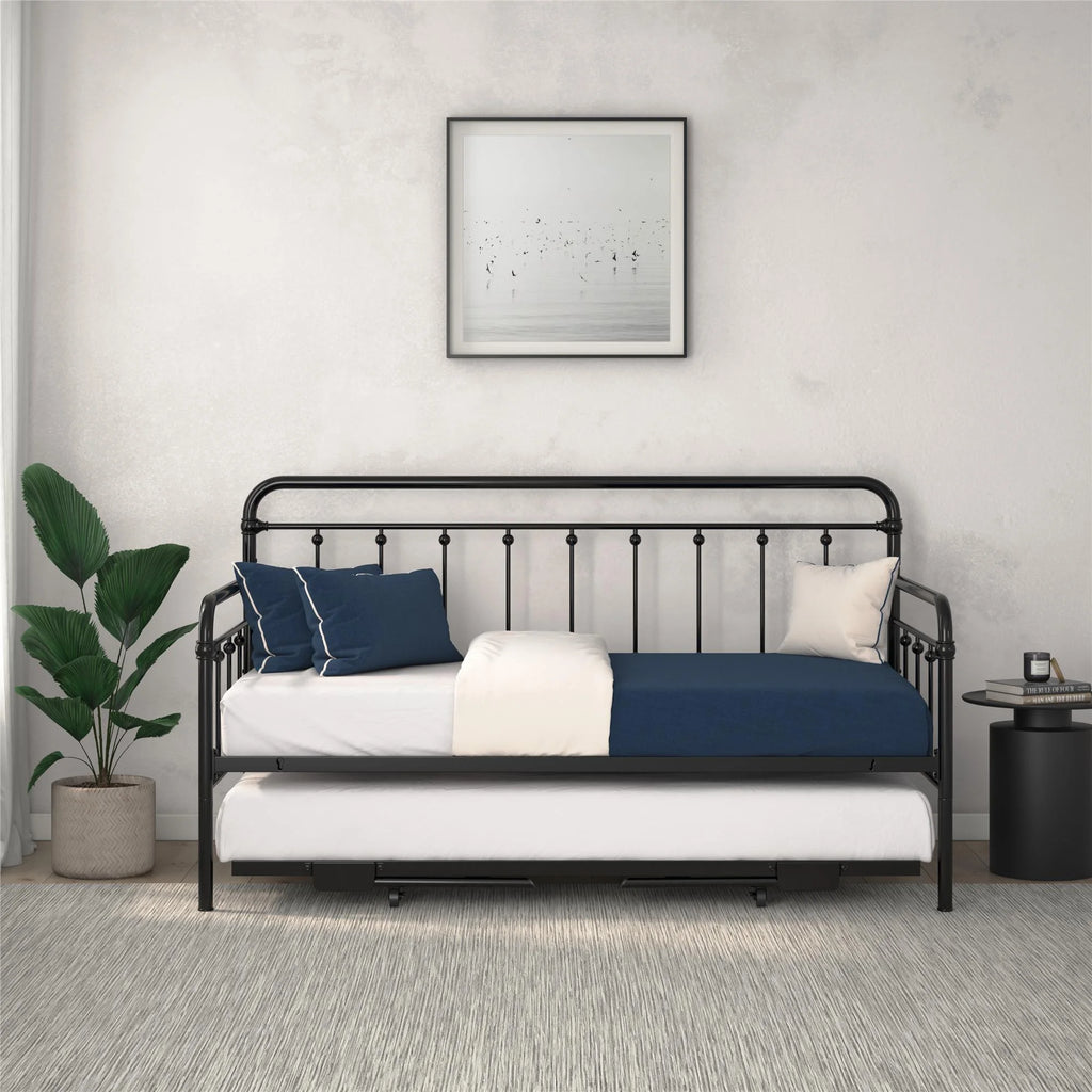 Twin Black Metal Daybed with Pop Up Trundle Bed A734