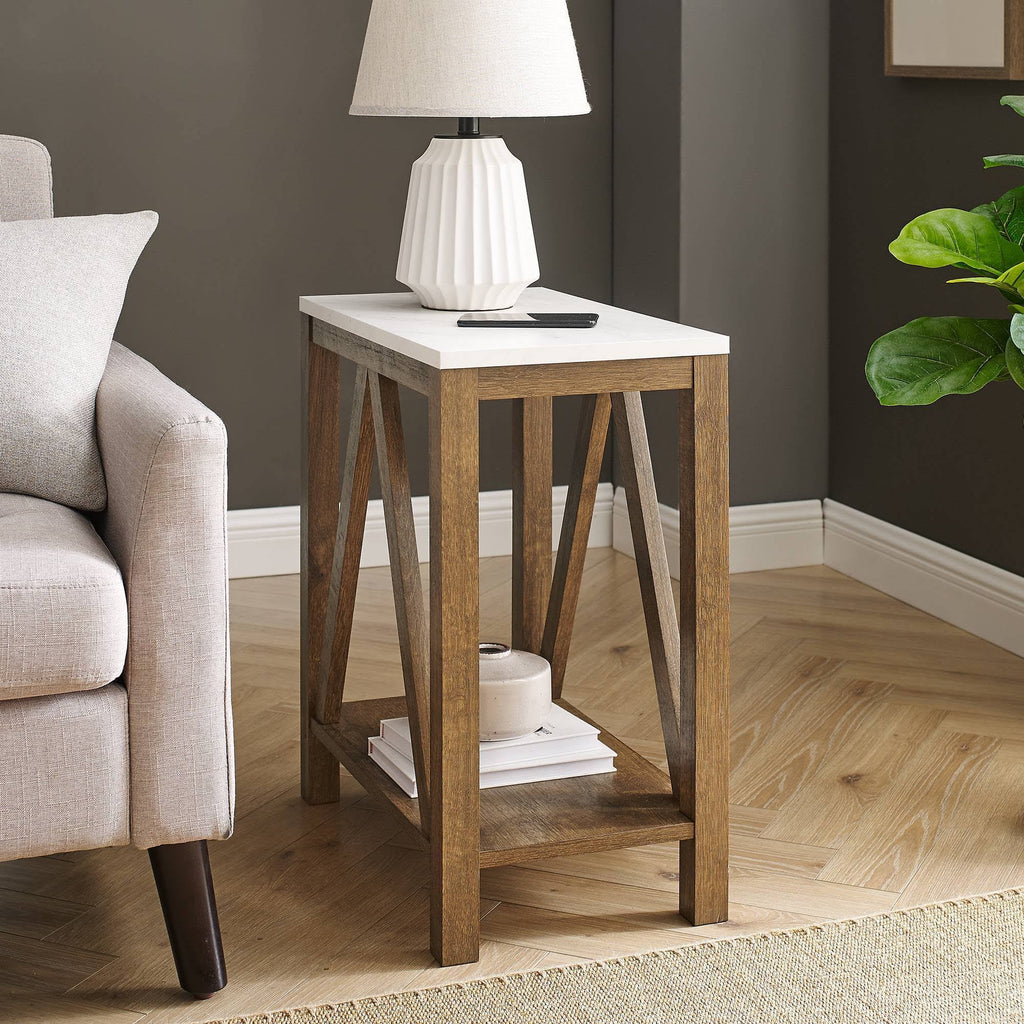 White Faux Marble/Natural Walnut Open Storage Side Table I3569