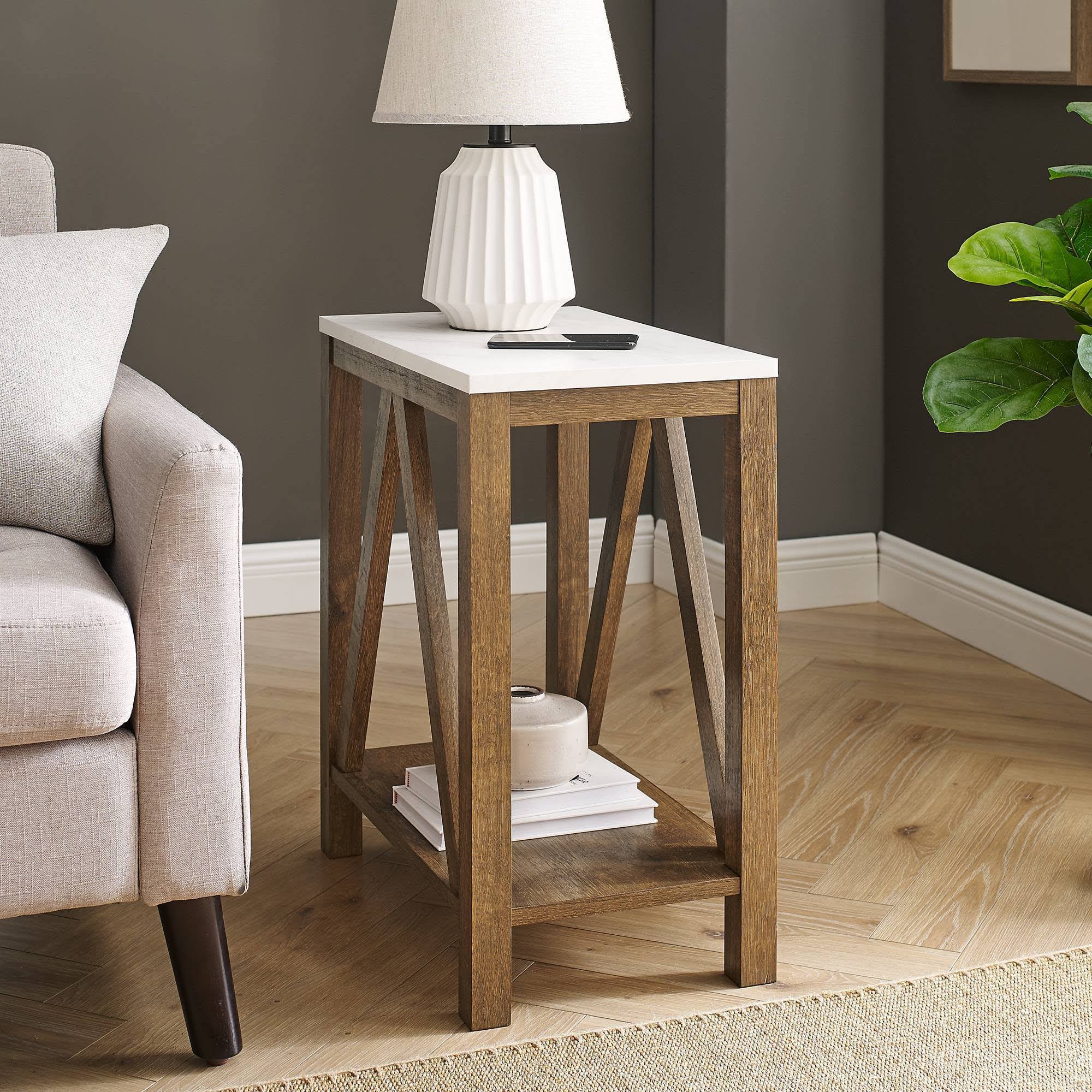 White Faux Marble/Natural Walnut Open Storage Side Table I3569