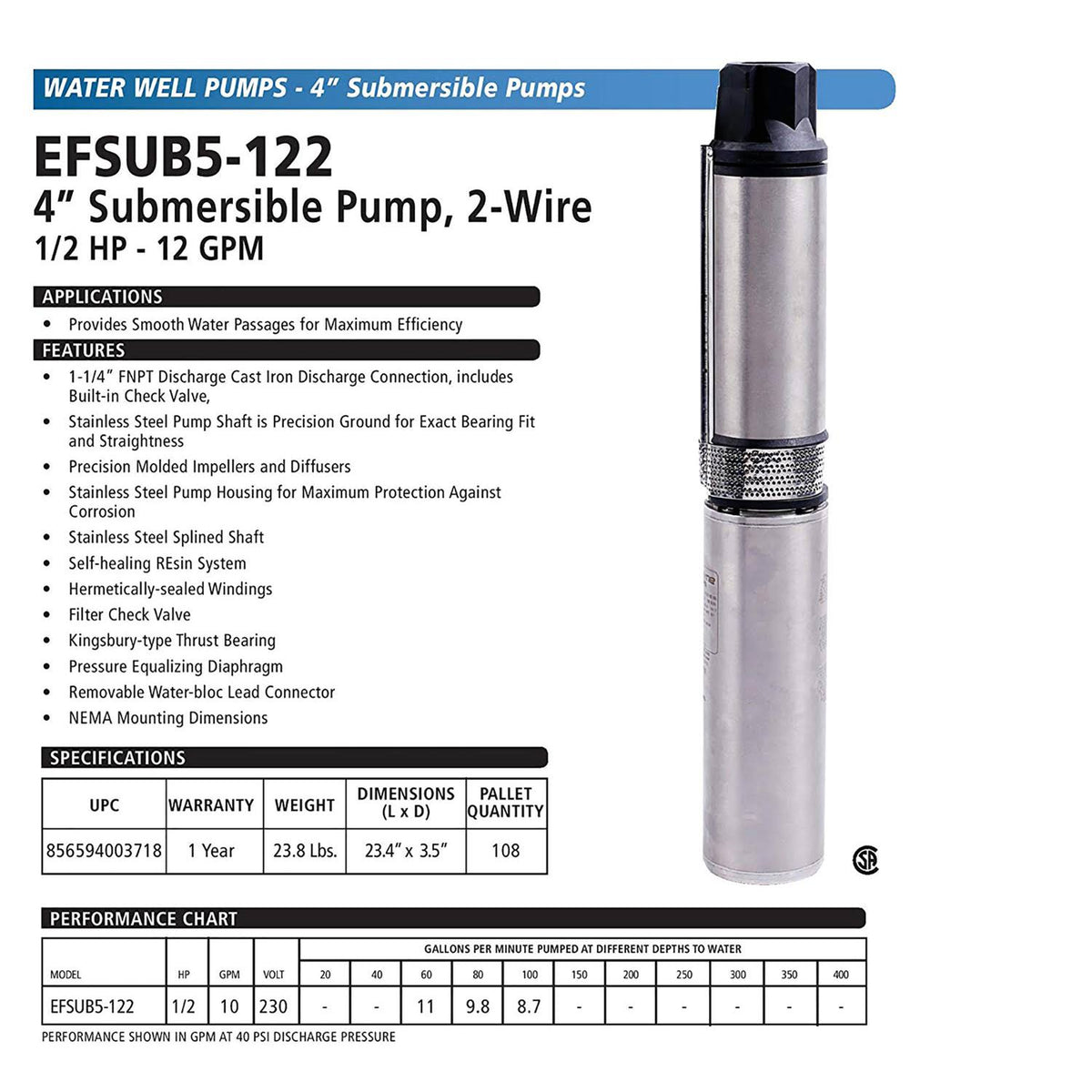 1 HP 3 Wire Submersible Pump X2008