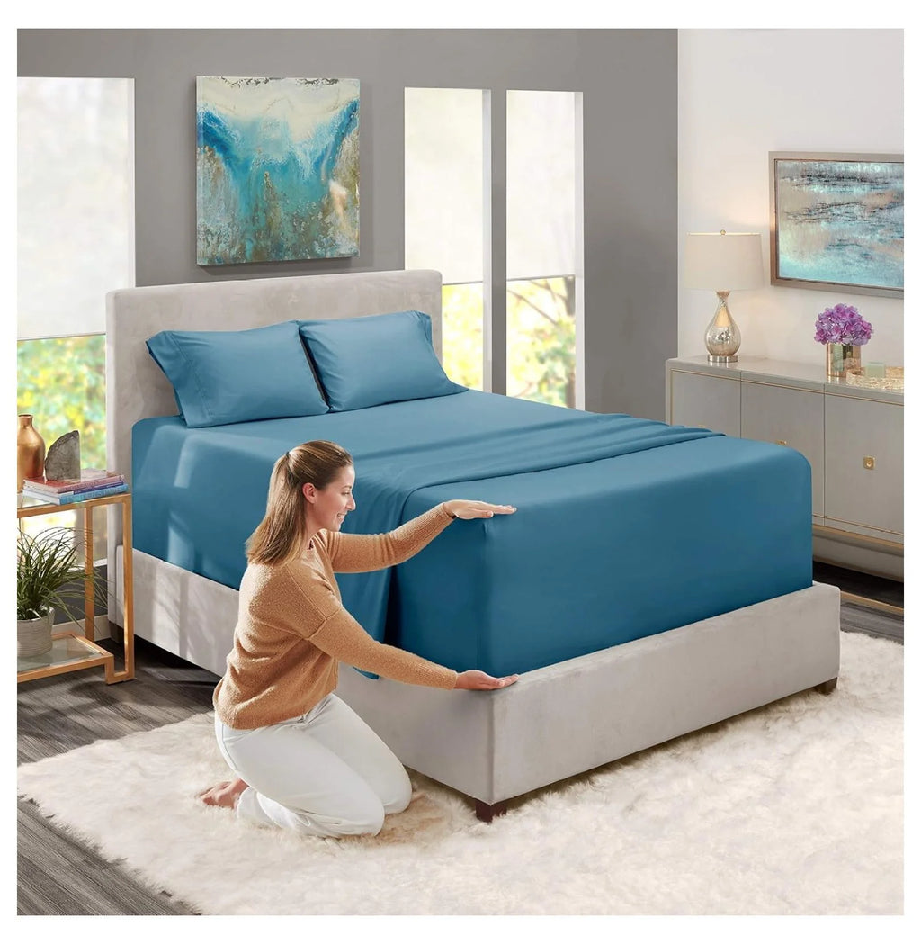 Blue Extra Deep Pocket Queen 4 Piece Sheet Set W4183
