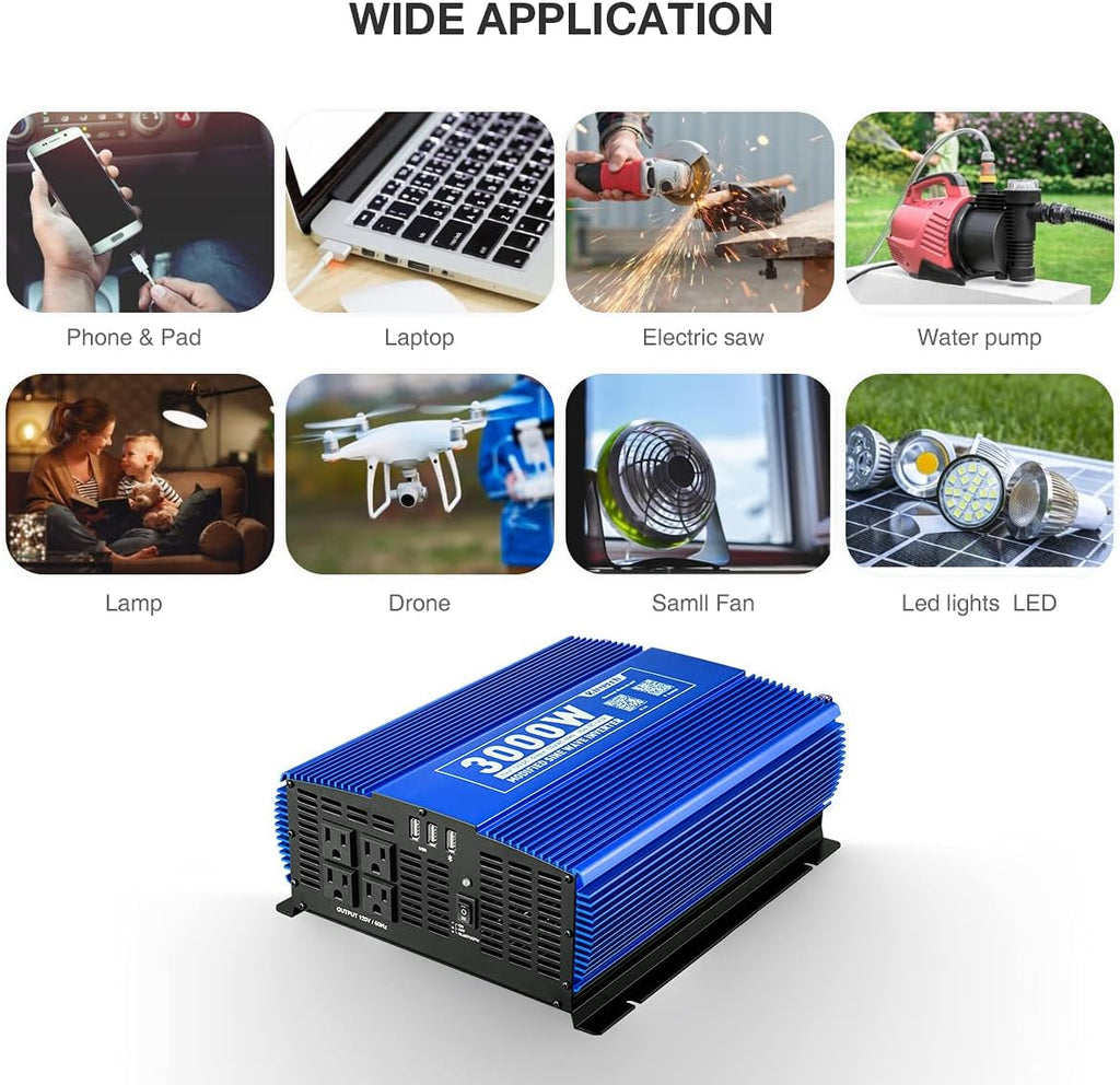 3000W Power Inverter DC12V to 110V AC Car Inverter with 4AC Outlets 2USB Port E6688