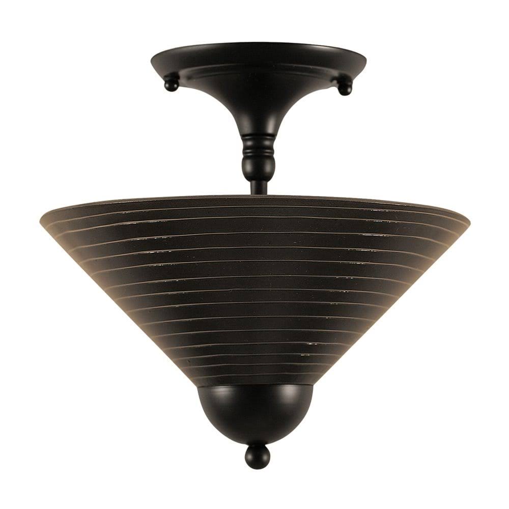 Two Light Semi-Flush Mount Matte Black with Charcoal Spiral Glass I109