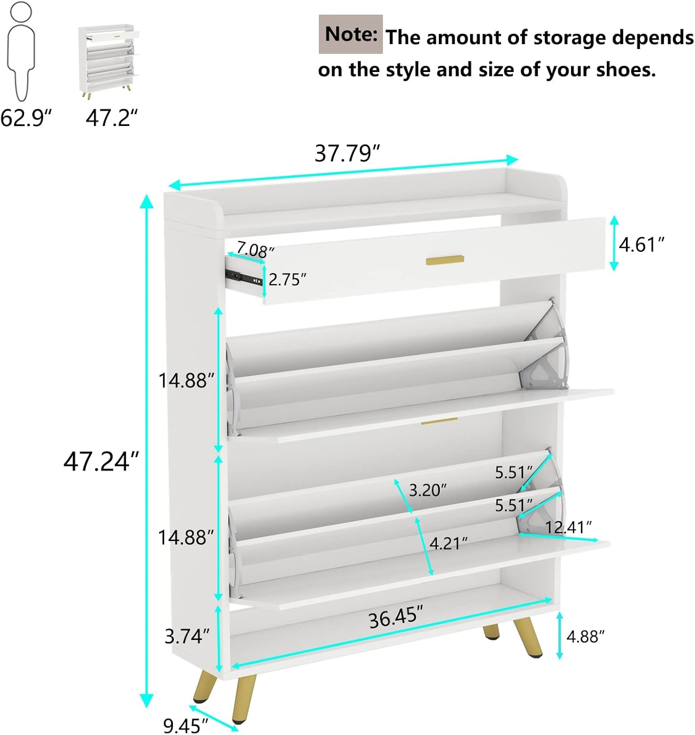 5-Tier Shoe Storage Cabinet with Drawers, White Y234050